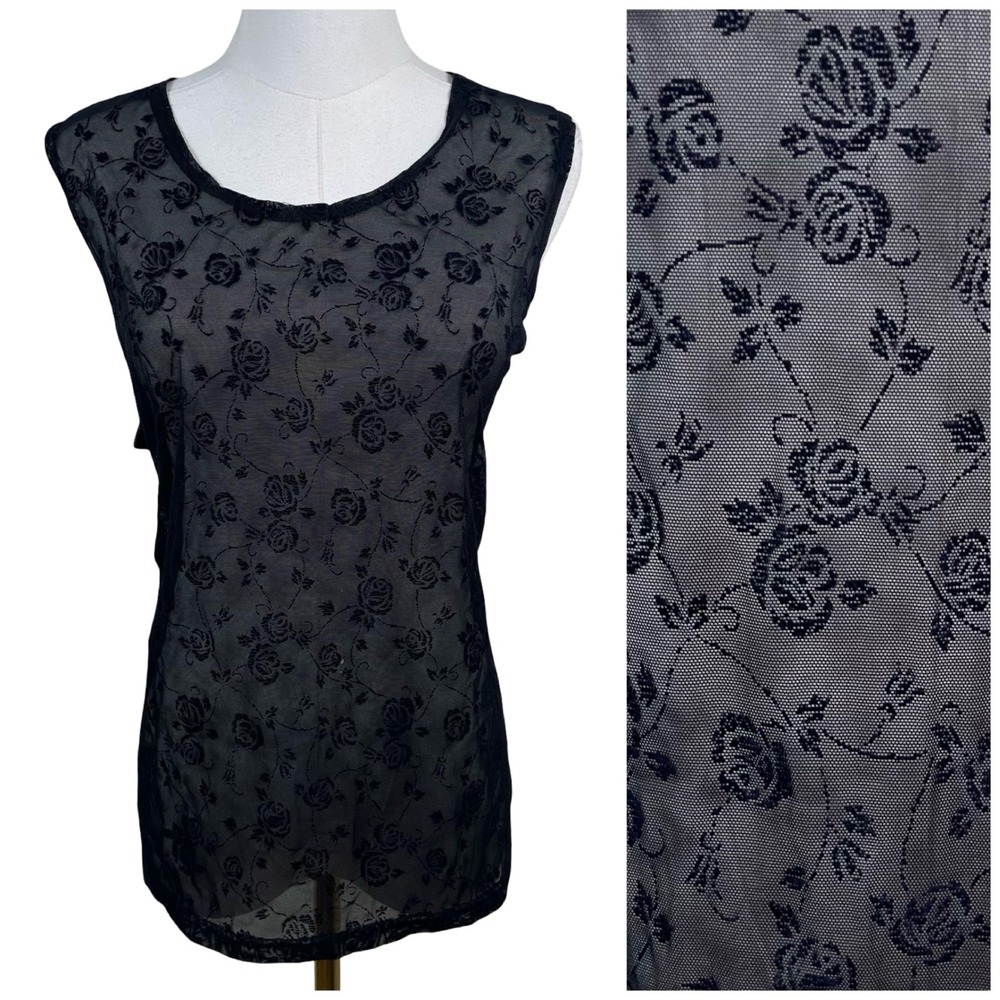 Vintage Solange Rose Floral Sheer Mesh Tank Top Women L Black Sleeveless Goth